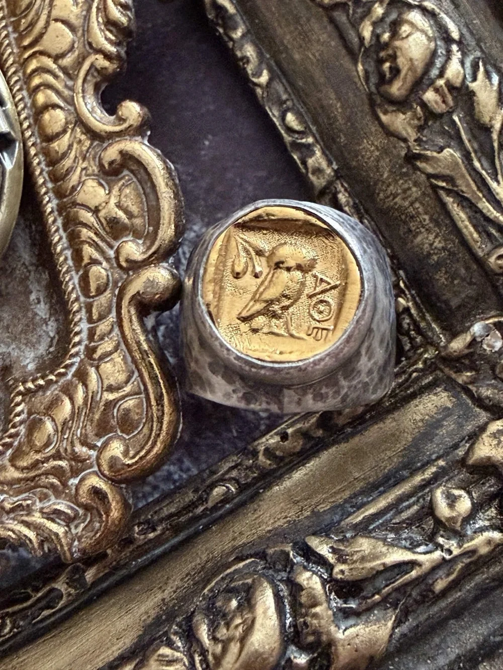 VINTAGE • Sterling Silver Hammered Signet Ring Owl AOE of the Athenian